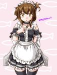  1girl alternate_costume anchor apron black_choker black_dress black_legwear brown_eyes brown_hair choker commentary_request dress enmaided fish_background folded_ponytail frilled_apron frills inazuma_(kantai_collection) kantai_collection long_hair looking_at_viewer maid maid_headdress open_mouth pink_background solo standing tatsumi_ray thighhighs twitter_username white_apron wrist_cuffs 