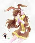  animal_ears brown_eyes brown_hair bunny_ears coat coco_adel gloves helpyourselfish iesupa long_hair rwby scarf snow snowman thighhighs velvet_scarlatina 