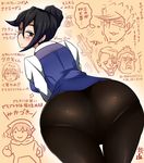  1girl artist_request ass black_hair blue_eyes breasts eyebrows from_behind fumitan_admoss glasses gundam gundam_tekketsu_no_orphans hair_bun huge_ass kyouran_souryuu leaning leaning_forward looking_at_viewer looking_back pants pantylines shiny shiny_clothes shiny_hair short_hair sideboob solo thigh_gap tight_pants vest 