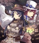  2girls black_hair bow cape capelet character_request copyright_request detective hat highres holding long_hair magnifying_glass multiple_girls necktie normaland one_eye_closed purple_eyes red_hair short_hair yellow_eyes 