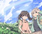  2girls black_hair blue_sky blush brown_hair cloud cloudy_sky day green_eyes grey_hair hair_ornament hairclip kuraue_hinata looking_at_viewer multiple_girls normaland open_mouth outdoors purple_eyes short_hair sky smile twintails yama_no_susume yukimura_aoi 