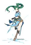  boots earrings fingerless_gloves fire_emblem fire_emblem:_rekka_no_ken fire_emblem_heroes full_body gloves graysheartart green_eyes green_hair high_ponytail highres jewelry long_hair looking_at_viewer lyndis_(fire_emblem) nintendo pelvic_curtain ponytail side_slit simple_background sword weapon 