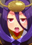  1girl blazblue diabolic-mario hades_izanami hair_ornament looking_at_viewer mikado_(blazblue) open_mouth purple_hair red_eyes tongue tongue_out 