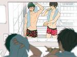  2boys abs ace_of_diamond barefoot bathroom blush brown_hair food green_hair kuramochi_youichi male_focus mirror mocchiri_oyaji multiple_boys muscle sawamura_eijun short_hair strawberry sweat tan tanline topless towel underwear undressing wince yaoi yellow_eyes 