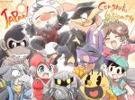  1girl android animal ape baseball_cap black_hair blush brown_hair capcom creatures_(company) crown donkey_kong donkey_kong_(series) dress earrings eromame flipped_hair flower_earrings galaxia_(sword) game_freak gen_4_pokemon gen_6_pokemon greninja hat jewelry kirby_(series) long_hair looking_at_viewer lucario mario_(series) mask meta_knight mother_(game) mother_2 multiple_boys multiple_girls namco ness nintendo olimar open_mouth pac-man pac-man_(game) pikmin_(series) pokemon pokemon_(creature) pokemon_(game) pokemon_xy princess_daisy red_eyes rockman rockman_(character) rockman_(classic) scarf short_hair simple_background smile star_fox super_mario_bros. super_smash_bros. super_smash_bros._ultimate tongue tongue_out wolf_o&#039;donnell yellow_dress 