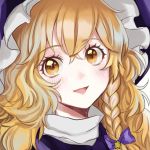  1girl :&gt; :d bangs black_hat blonde_hair blush bow braid commentary_request eyebrows_visible_through_hair eyelashes hair_between_eyes hair_bow hat kirisame_marisa long_hair looking_at_viewer open_mouth portrait purple_bow rosette_(roze-ko) simple_background single_braid smile solo star touhou white_background witch_hat yellow_eyes 