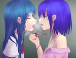  2girls artist_request bare_shoulders blue_hair bow bowtie bra bracelet breasts cleavage collared_shirt drugs earrings eyes_closed forced_to_smoke grey_background hinanawi_tenshi holding incipient_kiss jewelry long_hair marijuana multiple_girls mutual_yuri nagae_iku neck off_shoulder open_clothes open_mouth open_shirt pipe purple_hair shirt short_hair smoke smoking tongue tongue_out touhou underwear upper_body yuri 