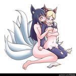  2girls ahri animal_ears animal_tail armor blonde_hair blue_eyes blue_hair blush breasts chavez fox_ears fox_tail kneeling league_of_legends long_hair luxanna_crownguard multiple_girls naughty_face nipples nude open_mouth orange_eyes orgasm saliva sitting smile spandex tail torn_clothes yuri 