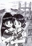  2girls artist_request ballpoint_pen_(medium) highres jomon_period long_hair monochrome multiple_girls necklace traditional_media 