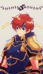  1boy armor blue_armor blue_eyes blue_hair cape fire_emblem fire_emblem:_fuuin_no_tsurugi fire_emblem_heroes gloves headband highres kiriya_(552260) looking_at_viewer male_focus nintendo red_hair roy_(fire_emblem) short_hair simple_background smile sparkle sword weapon 