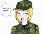  1girl angry artist_request blonde_hair blue_eyes blush flags german_flag hat lippe meme military military_uniform open_mouth original poorly_drawn putsch-chan rwds short_hair simple_background solo subliminal tagme uniform upper_body white_background 