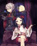  2girls absurdres ange_(princess_principal) black_eyes black_hair blue_eyes blush braid brown_hair flower grey_hair hair_between_eyes hair_flower hair_ornament highres horns looking_at_viewer moon multiple_girls normaland one_eye_closed pipe princess_principal rose school_uniform short_hair toudou_chise 