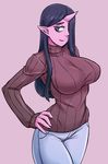  black_hair blue_eyes breasts brown_sweater cowboy_shot demon_girl denim hair_over_one_eye highres horn ittla jeans large_breasts long_hair long_sleeves looking_at_viewer mature oni original pants pink_skin pointy_ears purple_background ribbed_sweater smile solo sweater turtleneck turtleneck_sweater 