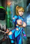  blonde_hair bodysuit breasts cameltoe gun hiding metroid mole mole_under_mouth monster neon_trim nipples ponytail samus_aran solo thigh_holster torn_bodysuit torn_clothes ultamisia weapon zero_suit 