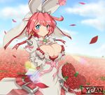  1girl ahoge arc_system_works blue_eyes blush bouquet breasts bridal_veil bursting_breasts cleavage cleavage_cutout dress elphelt_valentine female flower gloves guilty_gear guilty_gear_xrd large_breasts looking_at_viewer lycan pink_hair red_rose ribbon roses shiny shiny_hair shiny_skin short_hair sky solo spikes veil wedding_dress white_dress 