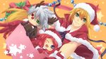  1boy 2girls arc_system_works artist_request blazblue blonde_hair blue_eyes blush cape chibi christmas gloves green_eyes hair_ornament hair_tubes hat heterochromia long_hair multiple_girls noel_vermillion one_eye_closed open_mouth ragna_the_bloodedge red_eyes reindeer_costume santa_costume santa_hat short_hair silver_hair smile sweatdrop tsubaki_yayoi wink 