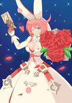  1girl ahoge arc_system_works artist_request blue_eyes bouquet breasts bridal_veil cleavage dress dual_wielding elphelt_valentine female flower gloves guilty_gear guilty_gear_xrd gun heart large_breasts looking_at_viewer one_eye_closed pink_hair red_rose ribbon roses shiny shiny_hair shiny_skin sizukage smile solo veil weapon wedding_dress white_dress wink 