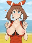  bangs bare_arms bare_shoulders beach blue_eyes blue_sky blush breasts brown_hair cleavage cloud collarbone day eyebrows_visible_through_hair hair_ribbon hands_up haruka_(pokemon) heart horizon large_breasts looking_at_viewer nipples no_bra nose_blush ocean outdoors pokemon pokemon_(game) pokemon_oras reach025 red_ribbon red_shirt ribbon shirt shirt_pull sky sleeveless sleeveless_shirt smile solo upper_body 