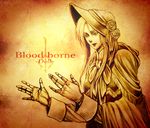  bloodborne bonnet cloak doll_joints gradient gradient_background long_hair monochrome plain_doll solo 
