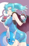  artist_request ass bare_shoulders blue_eyes blue_hair blush bodysuit breasts cameltoe cape choker dragonair embarrassed gloves gym_leader ibuki_(pokemon) large_breasts long_hair looking_at_viewer nintendo poke_ball pokemon pokemon_(game) pokemon_hgss ponytail shiny shiny_clothes shiny_hair sideboob skin_tight sweatdrop 