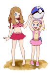  2girls blonde_hair blue_eyes brown_hair child eureka_(pokemon) moyori multiple_girls poke_ball pokemon pokemon_xy serena_(pokemon) slowbro swimsuit wink 