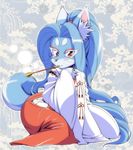  amakuchi blue_hair fox furry japanese_clothes long_hair ponytail red_eyes 