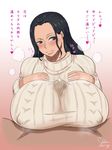  1girl areolae artist_name black_hair blush breast_suppress breasts brown_eyes cum erect_nipples hair_slicked_back head_tilt huge_breasts japanese light_smile lips long_hair long_sleeves looking_at_viewer mikanberry nico_robin one_piece paizuri paizuri_under_clothes penis pov smile solo_focus steam sweater text 