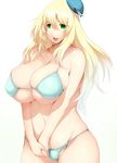  1girl blonde_hair breasts cleavage curvy green_eyes hat huge_breasts kantai_collection long_hair open_mouth smile solo standing swimsuit tsukasawa_takamatsu wide_hips 