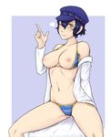  ;) bikini bikini_pull blue_hair blush breasts breasts_outside cabbie_hat closed_mouth hair_between_eyes hat heart highres index_finger_raised ittla labcoat looking_at_viewer medium_breasts nipples off_shoulder one_eye_closed open_clothes persona persona_4 shadow_naoto shirogane_naoto short_hair sitting smile solo spread_legs swimsuit yellow_eyes 