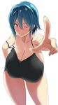  bare_shoulders blue_hair breasts brown_eyes cleavage denim denim_shorts hanging_breasts highres huge_breasts kloah leaning_forward one_eye_closed pointing short_hair short_shorts shorts simple_background solo tank_top white_background 