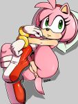  amy_rose anthro anus black_nose boots bracelet butt clitoris clothing eulipotyphlan eyelashes female footwear fur gloves green_eyes hair hairband hedgehog hi_res holding_leg jewelry kaitou legs_up lying mammal mostly_nude on_back pillow pink_fur pink_hair pussy short_hair simple_background solo sonic_(series) video_games 