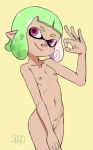  female flat_chested humanoid inkling looking_at_viewer navel nintendo nipples nude ok_sign pussy smile solo sooperman splatoon standing video_games young 