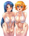  2girls :d asymmetrical_docking bangs bare_shoulders barefoot bikini blonde_hair blue_eyes blue_hair blunt_bangs blush breast_press breasts cleavage clenched_hands collarbone cross-laced_clothes embarrassed female flipped_hair groin hands_on_thighs heart hime_cut igawa_sakura kagami_hirotaka kneeling large_breasts leaning_forward lilith-soft long_hair looking_at_viewer multiple_girls navel nose_blush o-ring_bikini o-ring_top official_art one-piece_swimsuit open_mouth orange_hair parted_bangs parted_lips red_eyes shiny shiny_hair short_hair side-by-side sideboob simple_background sling_bikini smile string_bikini swimsuit taimanin_(series) taimanin_asagi taimanin_asagi_battle_arena taimanin_asagi_kessen_arena thigh_gap transparent_background very_long_hair white_bikini white_swimsuit yatsu_murasaki 