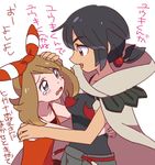  black_hair brown_hair cloak haruka_(pokemon) haruka_(pokemon)_(remake) higana_(pokemon) moyori multiple_girls pokemon pokemon_oras red_eyes tears translation_request yuri 