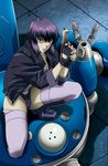  artist_request boots brown_eyes cyborg female fingerless_gloves ghost_in_the_shell ghost_in_the_shell_stand_alone_complex gloves gun highres jacket kusanagi_motoko leotard platin_(alios) purple_hair short_hair solo tachikoma thighhighs weapon 