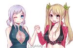  blonde_hair blue_eyes breasts brown_eyes cleavage clevage fairy_tail hand_holding large_breasts lisanna_strauss looking_at_viewer lucy_heartfilia multiple_girls one_eye_closed pigtails short_twintails twintails white_hair wink yuri 