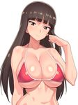  1girl bangs bikini blunt_bangs breasts brown_eyes brown_hair cleavage female girls_und_panzer hair_tucking large_breasts long_hair milf navel nishizumi_shiho red_bikini skindentation solo sweatdrop swimsuit tenchisouha 