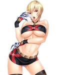  blonde_hair breasts character_request claws erect_nipples female gloves large_breasts looking_at_viewer no.16_sonia nobushito_kuro purple_eyes short_hair skirt solo sonia_(taimanin_asagi) taimanin_asagi taimanin_asagi_battle_arena tongue tongue_out underboob weapon 