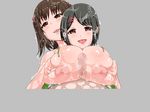  aomizuan areolae black_hair blush breast_grab breast_squeeze breasts brown_eyes brown_hair deep_skin grabbing hair_bobbles hair_ornament hairclip huge_breasts looking_at_viewer multiple_girls nipples open_mouth paizuri penis pov see-through shiny_skin short_hair smile twintails wet 