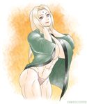  1girl abs blonde_hair breasts brown_eyes cleavage elee0228 erect_nipples facial_mark female forehead_mark huge_breasts ichan-desu lips long_hair looking_at_viewer muscle naruto panties pose smile solo thighs thong toned tsunade underwear 