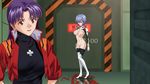  2girls areolae ayanami_rei blue_hair blush breasts breasts_outside brown_eyes cross cross_necklace full_body hiero highres jacket katsuragi_misato large_breasts legs long_hair long_sleeves multiple_girls neon_genesis_evangelion nipples no_bra no_panties plugsuit purple_hair pussy red_eyes shaved short_hair smile standing thigh_boots thighs uncensored 