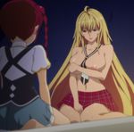  2girls blonde_hair breasts highres huge_breasts large_breasts multiple_girls nipples red_eyes screencap shikishima_mirei sitting stitched tokonome_mamori valkyrie_drive valkyrie_drive_-mermaid- 