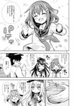  3koma 4girls :d =_= ^_^ admiral_(kantai_collection) akatsuki_(kantai_collection) anchor_symbol bad_id bad_pixiv_id blush_stickers closed_eyes closed_mouth comic commentary_request fang flat_cap folded_ponytail fujishima_shinnosuke greyscale hair_ornament hairclip hat hibiki_(kantai_collection) ikazuchi_(kantai_collection) inazuma_(kantai_collection) kantai_collection long_hair long_sleeves monochrome multiple_girls open_mouth ponytail school_uniform serafuku short_hair smile sparkle sweat translated 