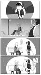  4koma bench black_santa_costume comic extra glasses glasses_boy_(osomatsu-san) greyscale kayoko_(panchlora) lamppost male_focus matsuno_ichimatsu monochrome multiple_boys night osomatsu-kun osomatsu-san pants plaid plaid_pants sack santa_costume scarf sitting spiked_hair translation_request wince winter winter_clothes 