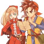  1boy 1girl angelo aqua_eyes bandanna belt breasts brown_eyes brown_hair cape coat cosplay dragon_quest dragon_quest_heroes dragon_quest_viii gloves hero_(dq8) long_hair meer_(dqh) open_mouth pants ponytail ribbon sword weapon 