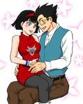  1boy 1girl bare_shoulders belt black_eyes blue_eyes blush bracelet breasts couple dragon_ball dragonball_z dress glasses hairband hgoyan jewelry open_mouth pants pantyhose shoes short_hair son_gohan vest videl 