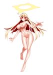  absurdres ahoge barefoot blonde_hair blush breasts closed_mouth contrapposto embarrassed eyebrows_visible_through_hair full_body gluteal_fold gom-iuneunsoli guilty_gear guilty_gear_xrd halo highres jack-o&#039;_valentine large_breasts leg_up long_hair looking_at_viewer multicolored_hair navel nipples nude outstretched_arms pink_eyes pussy red_hair two-tone_hair wide_hips 