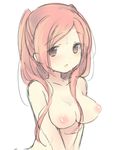  1girl :o blush breasts brown_eyes ebi_shamo fire_emblem fire_emblem:_kakusei my_unit_(fire_emblem:_kakusei) nipples red_hair simple_background solo sweat twintails 