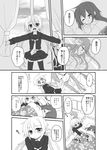  :d bed blush closed_eyes comic crescent crescent_moon_pin curtains directional_arrow eyebrows_visible_through_hair eyes_visible_through_hair floral_print fumizuki_(kantai_collection) greyscale hair_between_eyes kantai_collection long_hair long_sleeves looking_to_the_side low_twintails lying miniskirt monochrome multiple_girls nagasioo nagatsuki_(kantai_collection) notice_lines on_back on_side open_mouth outstretched_arms pillow rubbing_eyes satsuki_(kantai_collection) school_uniform serafuku shading_eyes skirt smile thighhighs translation_request twintails under_covers waking_another waking_up window zettai_ryouiki 
