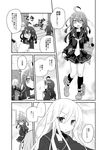  2girls :o admiral_(kantai_collection) ahoge belt comic crescent crescent_moon_pin eyebrows_visible_through_hair greyscale hair_between_eyes holding holding_paper indoors kantai_collection kikuzuki_(kantai_collection) kneehighs long_hair long_sleeves looking_at_another looking_back looking_up machinery mikazuki_(kantai_collection) monochrome motion_lines multiple_girls nagasioo neckerchief notice_lines open_mouth paper revision school_uniform serafuku shoes speech_bubble spoken_ellipsis thought_bubble translated turret 